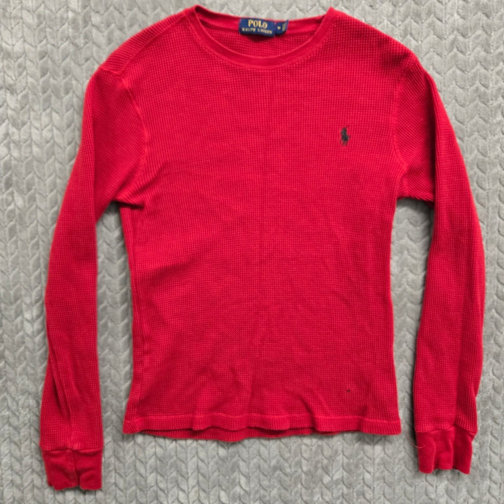 Polo‎ Ralph Lauren Mens Red Long Sleeve Waffle Knit Shirt Size Medium Black Pony